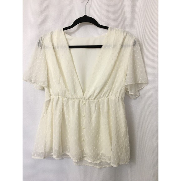Women's Top Size Large Baby Doll Deep V Neck Swiss Dot Peplum Easter Ivory Large - Picture 2 of 6